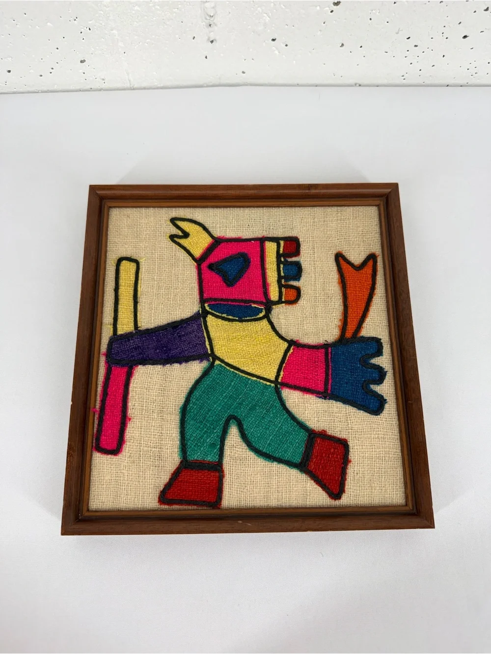 Vintage South American Wool Embroidery Burlap Wall Art